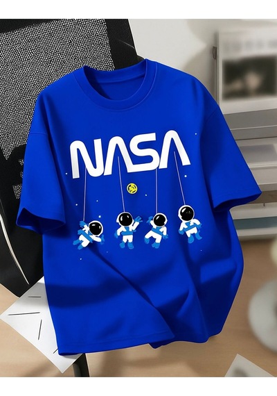 Nasa Baskılı Unisex Tshırt Saks Mavisi