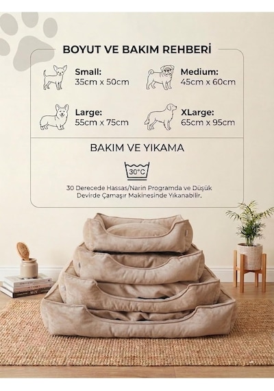 Plus Silinebilir Kedi Köpek Yatağı, Koltuk Kumaşı, Çıkartılabilir Minder, Bej, Xl
