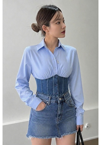 Tarz Cool Kadın Kot Korse Detaylı Özel Tasarım Slim Gömlek Mavi
