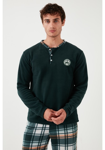Buratti Ekoseli Regular Fit Düğmeli Bisiklet Yaka Kışlık Polar Erkek Pijama Takımı 60961008 Yeşil
