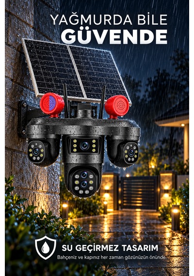 4 Kameralı 3 Motorize Ptz Kamera Wifi Çift Solar Panelli 10x Optik Zoom Uyarı Işıklı Güvenlik Kamerası