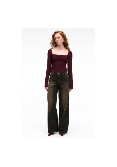 Grımelange SILIVRA Kadın Havuz Yakalı Esnek Kumaşlı Slim Fit Bordo Bluz