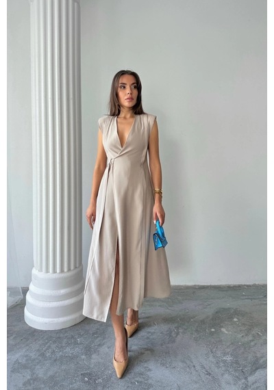 Defymoda Kruvaze Vatkalı Kolsuz Elbise Modal Kumaş - Bej Bej