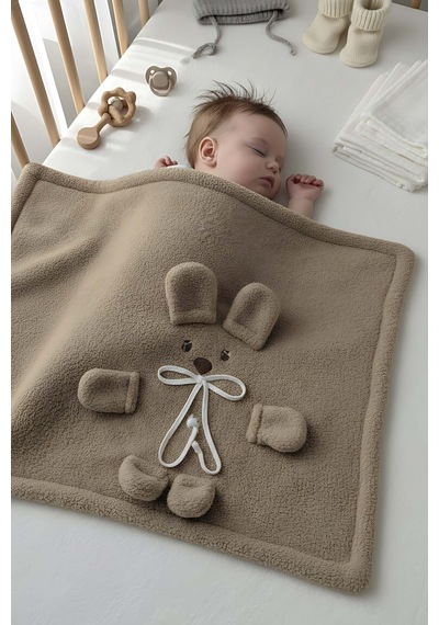 Ayıcık Figürlü Kahverengi Peluş Bebek Battaniyesi Çok Renkli