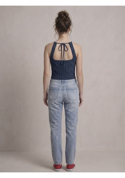 Neden Tekstil Kadın Triko Örme Halter Yaka Crop Bluz - Lacivert