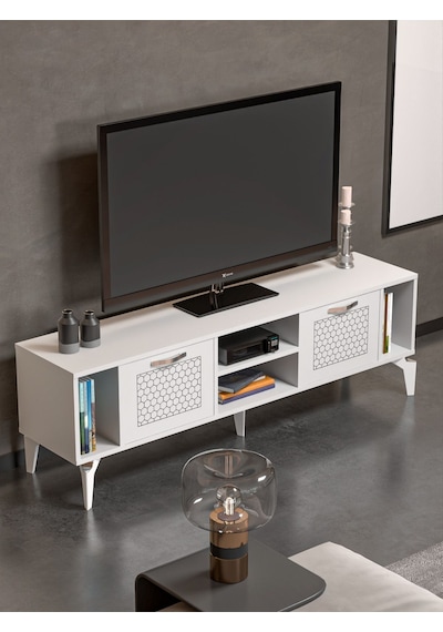 Tv Sehpası Tv Ünitesi Beyaz Gümüş 160 Cm Linya 5043 Gri