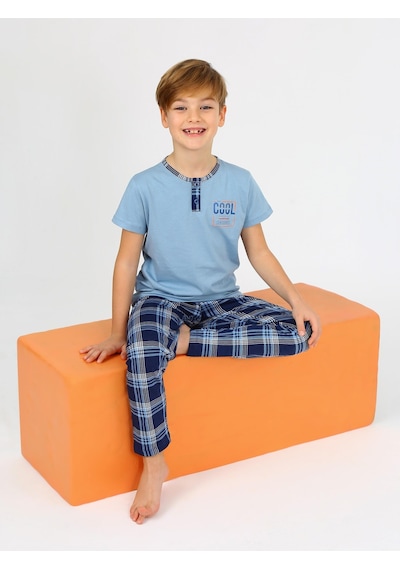 Vitmo Erkek Çocuk Kısa Kollu %100 Pamuklu Düğme Detaylı Cool Boy Pijama Takımı Mavi