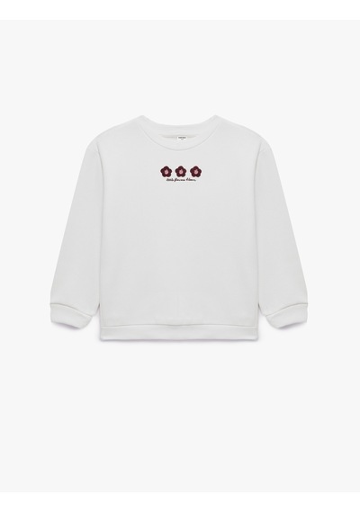 Koton Çiçek Nakışlı Şardonlu Bisiklet Yaka Uzun Kollu Sweatshirt Ekru 7wmg10226ak