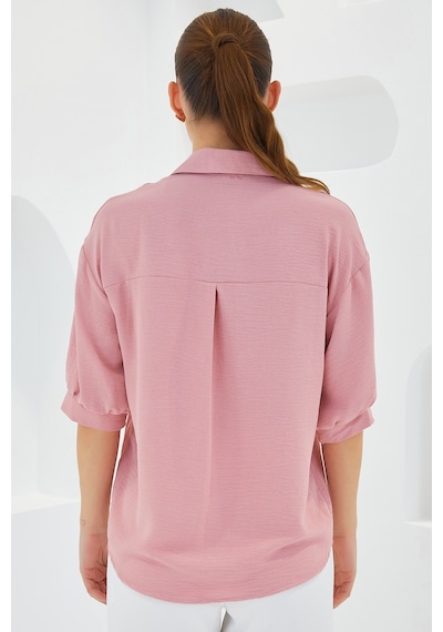 Bigdart Kadın Pembe Kısa Kol Oversize Keten Gömlek 20240 20240bgd19-035-14866 001