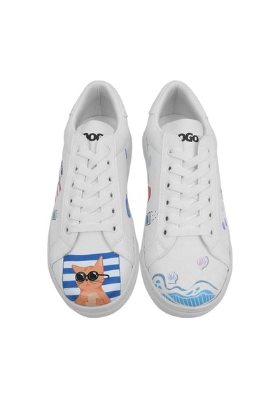 Kadın Vegan Deri Beyaz Sneakers - Cats On The Beach Tasarım Çok Renkli
