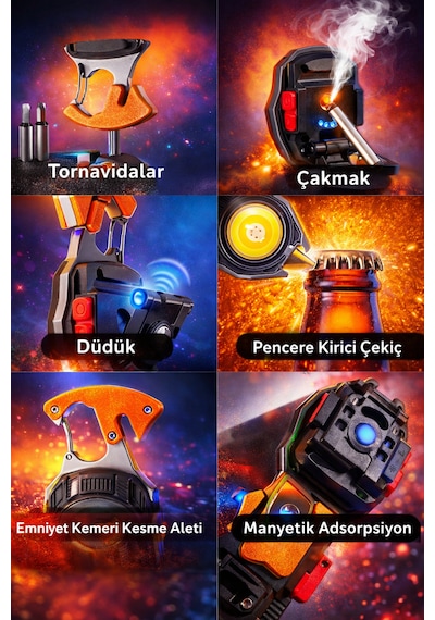 Çok Fonksiyonlu Şarjlı Led El Feneri Acil Durum Kurtarma Aracı Usb Şarjlı Emniyet Kemeri Kesici Cam Kırıcı Çakmaklı