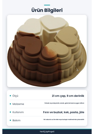 5 Dilim Kalp Tasarımlı Silikon Kek Kalıbı 21 Cm Kahverengi - Beyaz