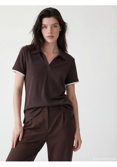 Lcw Comfort Kahverengi Polo Yaka Kadın Tişört