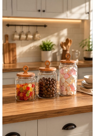 Porsima 4469 Handmade Vakum Kapaklı 3lü Cam Kavanoz Seti Vakum Kapaklı Saklama Düzenleme Kabı Seti Şeffaf