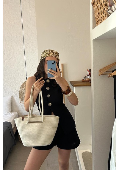 Shule Bags Santa Elden Tutmalı Hasır Omuz Çantası Krem Krem
