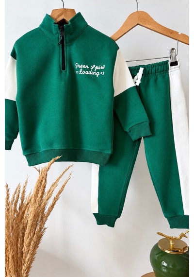 Monila Erkek Çocuk Pamuklu Yeşil Fermuarlı Dik Yaka Sweatshirt Ve Yeşil Alt Üst Takım