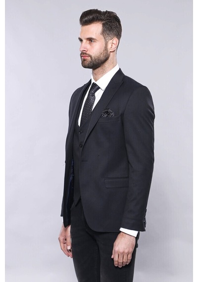 Düz Koyu Lacivert Slim Fit Ceket Yelek Set Wessi 001