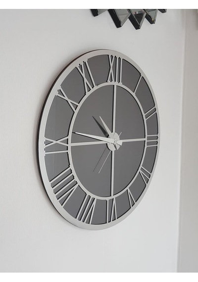 Ayna Denizi Silver Smoked Model Gümüş Füme Renk 50 CM Dekoratif Aynalı Duvar Saati Gümüş