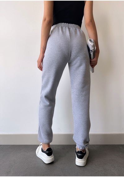 Gugus Trend Kadın Kışlık Kalın İçi Polarlı Yüksek Bel Paçası Lastikli Basic Jogger Eşofman Altı Gri