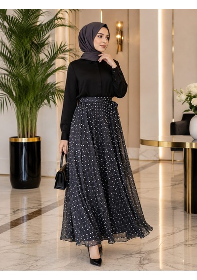 Esra Butik78 Siyah & Kahverengi Puantiyeli Astarlı Şifon Etek Kendi Kumaşından Kuşaklı, 95 Cm Esra Butik78 Siyah & Kahverengi Puantiyeli Astarlı Şifon Etek Kendi Kumaşından Kuşaklı, 95 Cm