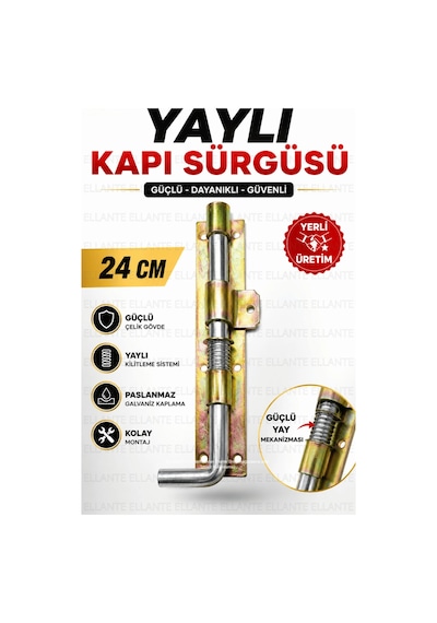 24 Cm Yaylı Kapı Sürgüsü Galvaniz Çelik Ferforje Bahçe Demir Garaj Depo Kapısı Kilidi