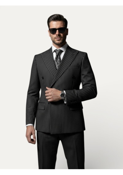 Hermose Sartorial Onyx Siyah Kruvaze Çizgili Takım Elbise