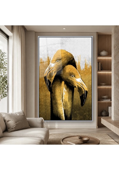 Altın Tonlu Flamingo Çifti Gümüş Çerçeveli Cam Tablo