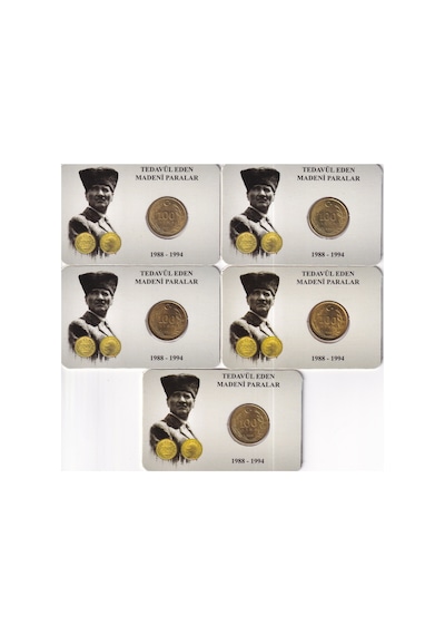 Türkiye 1988-89-90-91-92 Yılı Pirinç Tedavül 100 Lira Set Çil Özel Renkli Kapamasında Unc 5 Adet