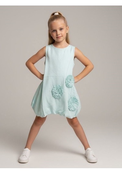 Zekids Kız Çocuk Çiçek Aplikeli Balon Form Elbise-17239 Mavi
