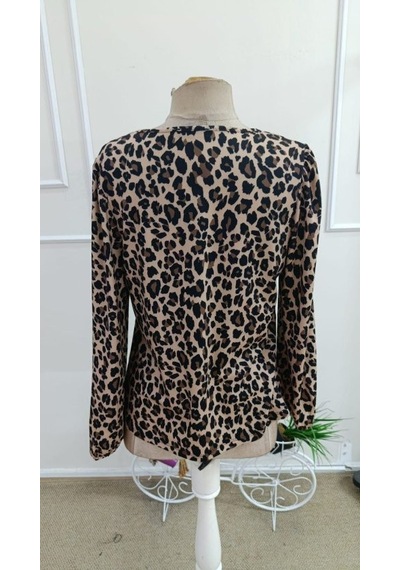 Veraura Lifestyle Kadın Uzun Kollu Yuvarlak V Yakalı Leopar Desenli Süprem Bluz