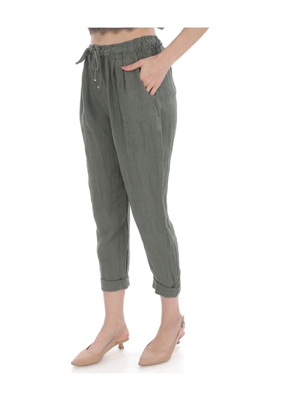 Bohem Stil Kadın Zaz İtalyan Keten Pantolon-9174 Haki