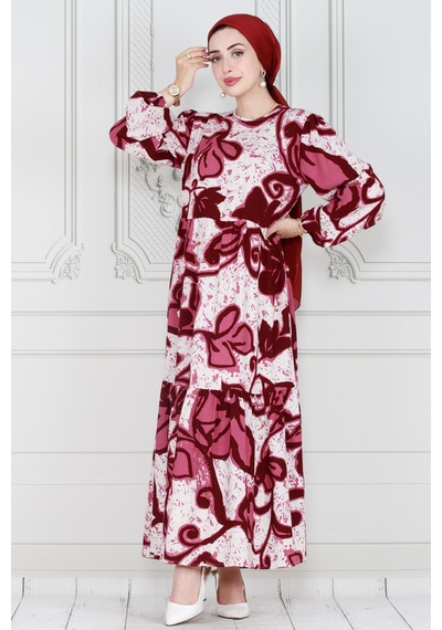 Sevitli Kuşaklı Lilyum Viscon Elbise-bordo-3999-bordo Bordo