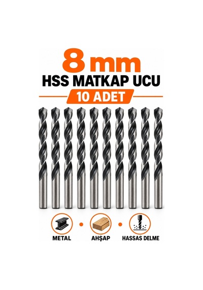 8 Mm 10 Adet Hss Matkap Ucu Metal Ahşap Delme