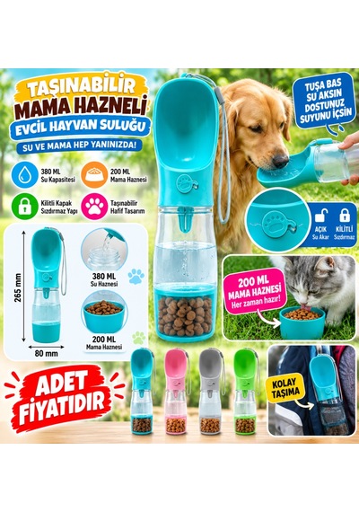 Taşınabilir Mama Hazneli Evcil Hayvan Suluğu Seyahat Kabı Kilitlenebilen Su Sızdırmaz 380ml Adet Fiyatıdır