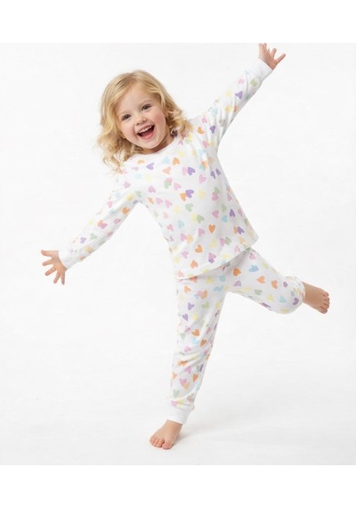 Kalp Desenli Kız Çocuk Pijama Takım St09656 KREM