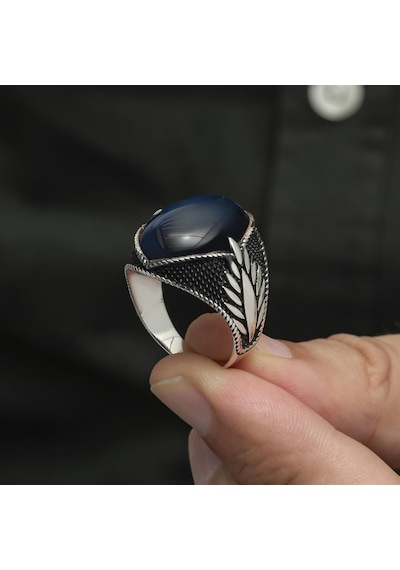 Mavi Kaplan Gözü Taşlı Oval 925 Gümüş Erkek Yüzük