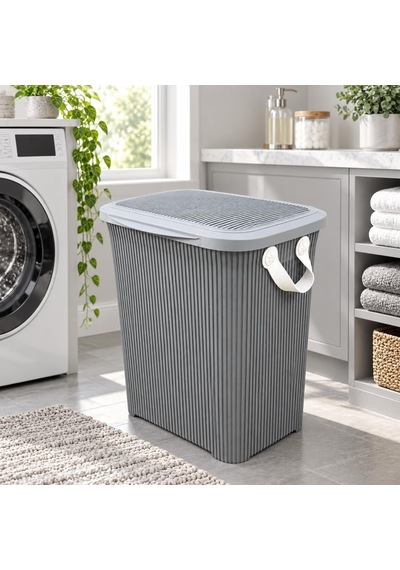 45 L Kapaklı Kirli Çamaşır Sepeti Modern Çizgili Tasarım Taşıma Kulplu Dayanıklı Plastik Banyo, Çamaşır Odası Ve Yatak Odası İçin 40 X 34 X 47 Cm Açık Gri Çok Renkli