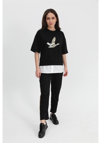 Wpr Takım Eteği Çimalı Kuş Baskılı Beli Lastikli T-shirt Pantolon - Siyah