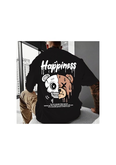 Caddemia Yaz  Moda Rahat Spor Gevşek Karikatür Ayı Desen Baskı Yuvarlak Boyun Kı Siyah 2XL