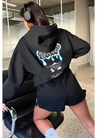 Oversize Pamuklu Hoodie - Drip Streetwear Tasarım Sweatshirt Siyah