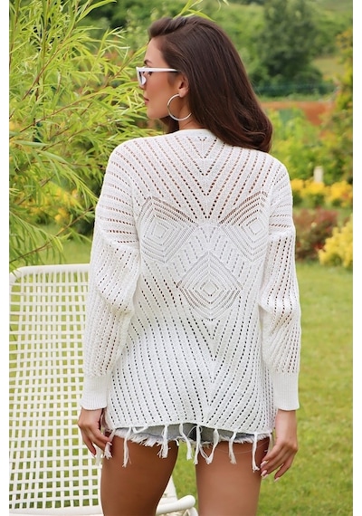 Aqe Fashion Motif Detaylı Eteği Püsküllü Hırka Beyaz Beyaz