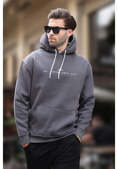 Madmext Füme Kapüşonlu Nakış Detaylı Cepli Erkek Sweatshirt 7066-füme Füme