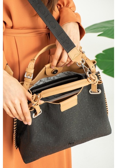 Just Polo Kabartma Desenli Mıknatıslı Çıtçıt Kapama El Çantası Omuz Askısıyla 4031mh Siyahtaba