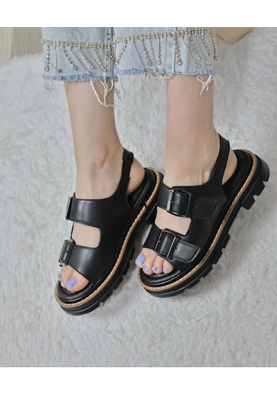 Asmi Shoes Kadın Çift Bantlı Kalın Taban Ortopedik Sandalet Siyah Siyah