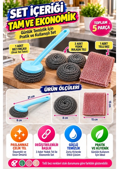 4'lü Süper Set Bulaşık Teli Fırçası 3 Yedek Tel Telli Bez Tencere Tava Mutfak Temizlik Seti
