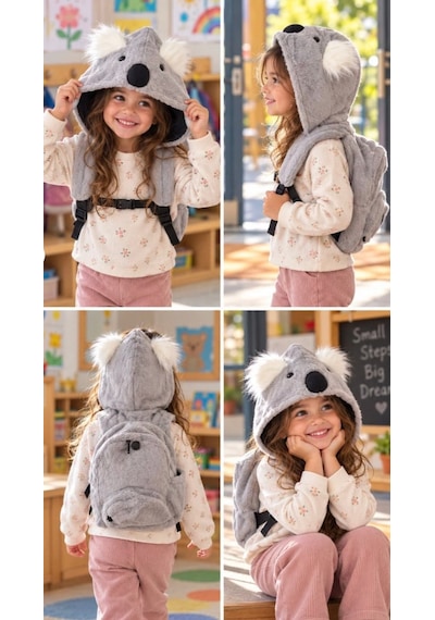 Unisex Çocuk Su Geçirmez Koala Tasarımlı Çıkarılabilir Kapüşonlu Sırt Çantası Gri