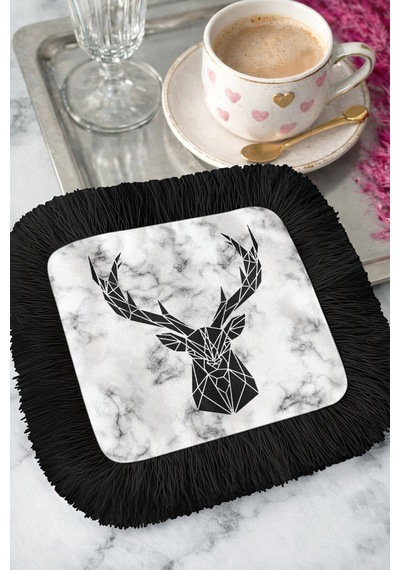Geometrik Geyik Desenli Saçaklı Sunum Peçetesi - Monokrom Modern Siyah Saçak Bardak Altlığı Mendil Yosunlu Koyu Bej Geometrik Geyik Desenli Saçaklı Sunum Peçetesi - Monokrom Modern Siyah Saçak Bardak Altlığı Mendil Yosunlu Koyu Bej