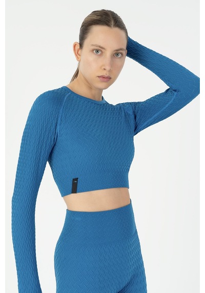 Maraton Slimfit Kadın Bisiklet Yaka Turkuaz Crop Top Turkuaz