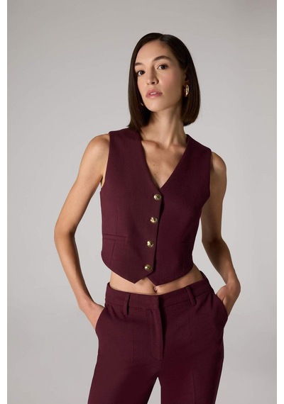 Defacto Sorbe x DeFacto Regular Fit V Yaka Düğmeli Blazer Yelek D9928AX24AU Bordo
