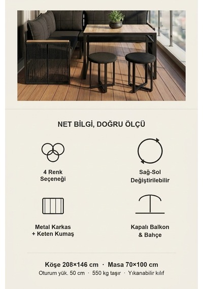 Laguna Köşe Takımı Masa Ve Puflu Bahçe Balkon Köşe Koltuk, Keten, Siyah Antrasit